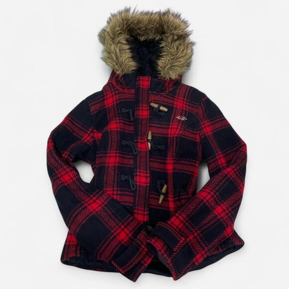 Y2K Red Plaid and Faux Fur Trim Hollister Jacket - Picture 1 of 5